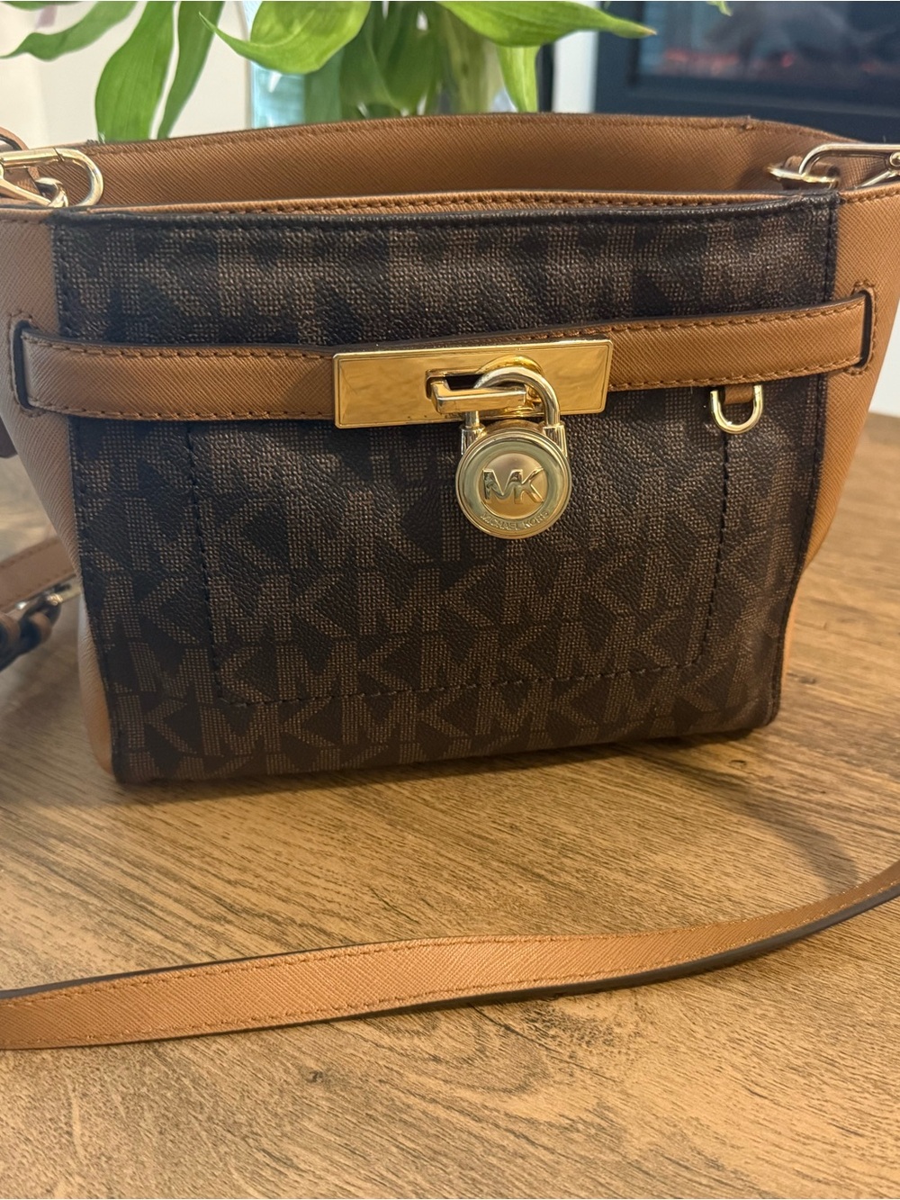 Michael Kors Brown and Tan Logo Crossbody with Gold Hardware
